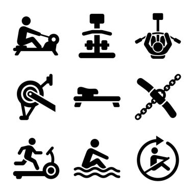 Kürek, yüzme, koşu bandı, spor ve egzersiz için ağırlık eğitimi gibi çeşitli spor aktivitelerini ve ekipmanları temsil eden dokuz katı siyah simge koleksiyonu..