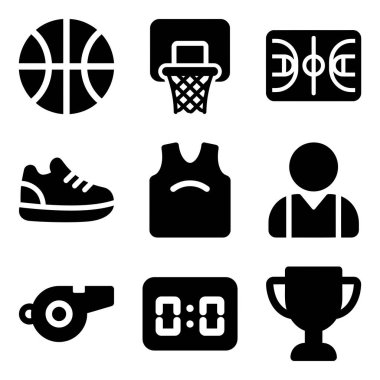 Basketbol unsurlarını temsil eden siyah simgelerden oluşan bir kolleksiyon. Top, çember, saha, ayakkabı, forma, oyuncu, ıslık, skor tahtası ve kupa..