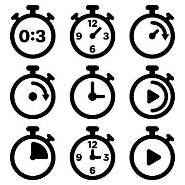 Dokuz minimalist kronometre ve zamanlayıcı simgesi koleksiyonu. Beyaz zemin üzerinde zaman ölçümünü, geri sayımları ve saat yüzlerini gösteren basit siyah vektör grafikleri.