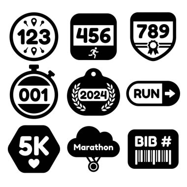 Koşan bir yarışın çeşitli unsurlarını temsil eden siyah ve beyaz grafik simgeleri. Önlük numaraları, 5K ve maraton etkinlikleri için bir kronometre madalyası..