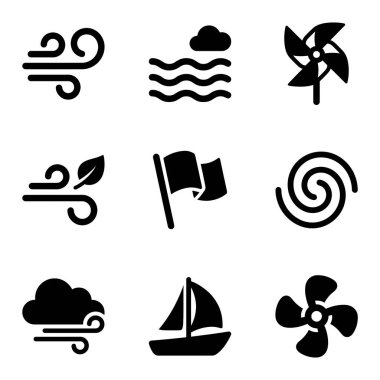 Rüzgâr ve havayla ilgili dokuz basit siyah simge koleksiyonu. Beyaz arka planda bir yelkenli yelkenli yelkenli yelpaze yelpazesi ve çeşitli soyut hava akış sembolleri de dahil.