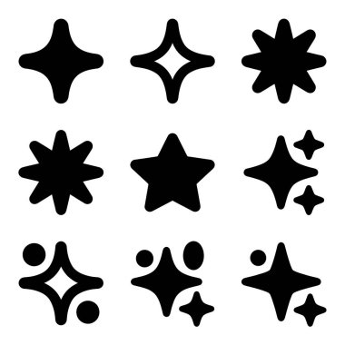 Yıldızları, parıltıları, parıltıları ve parıltıları temsil eden dokuz farklı siyah ikondan oluşan bir koleksiyon. Tasarım projeleri için beyaz bir arkaplanda izole edilmiş basit, minimalist grafik elementler.