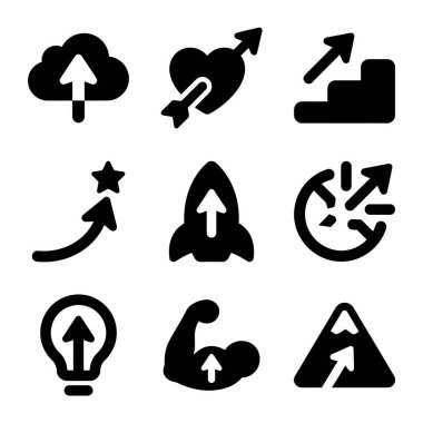 Başlangıç, kariyer ilerlemesi, güç, yenilik ve başarı gibi kavramları temsil eden dokuz siyah katı simgenin bir araya getirilmesi. Web ve uygulama tasarımı için mükemmel.