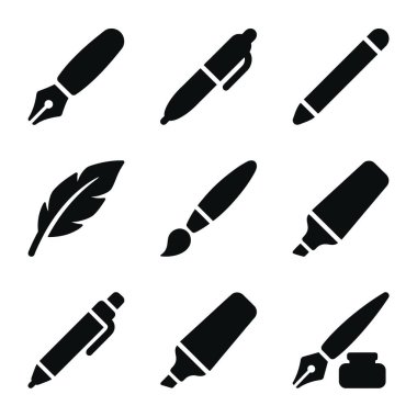 Dolma kalem, tüy kalem, boya fırçası, keçeli kalem ve mürekkep de dahil olmak üzere çeşitli yazı ve sanat aletlerini temsil eden dokuz siyah vektör simgesinden oluşan bir koleksiyon..