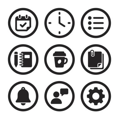 Takvim, saat, liste, defter, kahve, eklenti, bildirim, sohbet ve ayarlar da dahil olmak üzere web ve mobil uygulamalar için dokuz basit siyah beyaz simge koleksiyonu.