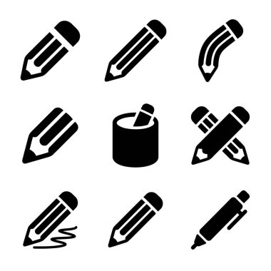 Kalemleri, kalemleri ve yazma aletlerini temsil eden dokuz basit simge koleksiyonu. Web ya da uygulama tasarımı için çapraz, eğimli ve kalem yazma gibi çeşitli stilleri içerir.