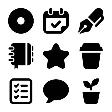 Bir takvim, kalem, kontrol listesi ve kahve fincanı dahil dokuz tane çok yönlü siyah simge. Kullanıcı arayüzü tasarımı, web siteleri ve üretkenlik uygulamaları için mükemmel.