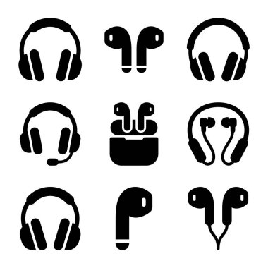 Kulaklıklar, kulaklıklar, kulaklıklar ve oyun kulaklıkları da dahil olmak üzere farklı ses aygıtlarının vektör simgesi. Web ve mobil için basit siyah ve beyaz kabartma tasarımı.