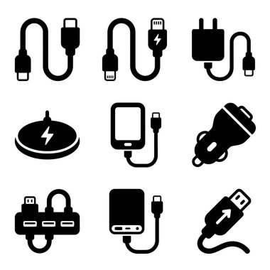 USB kablolar, duvar ve araba şarj aletleri, bir güç bankası ve bir kablosuz ped gibi çeşitli elektronik yükleme ve veri transfer aksesuarlarını temsil eden dokuz siyah sembol koleksiyonu..