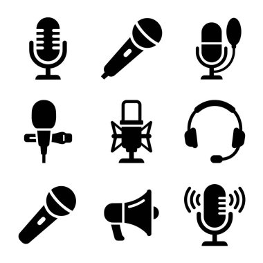 Çeşitli ses aygıtlarını temsil eden dokuz basit siyah simge koleksiyonu, farklı mikrofon türleri, mikrofonlu bir kulaklık ve beyaz arka planda izole edilmiş bir megafon..