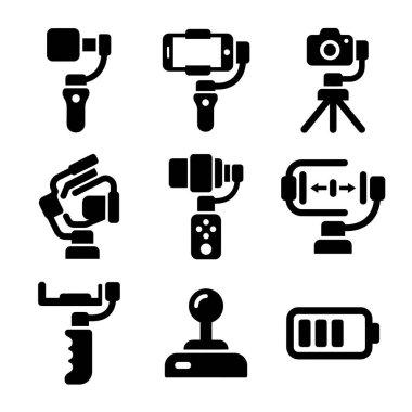 Çeşitli kamera ve akıllı telefon tellerini, tripodları, dengeleyicileri ve joystick ve pil gibi ilgili video ekipmanlarını temsil eden siyah katı simgelerden oluşan bir koleksiyon..