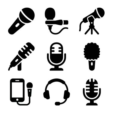 Müzik, podcast ve röportajlar için çeşitli mikrofon, kulaklık ve ses kayıt cihazlarını temsil eden dokuz adet koyu siyah simge simgesi..