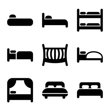 Katı siyah siluet tarzında dokuz izole yatak ikonu. Mobilya veya konaklama sembolleri için tek, çift kişilik, ranza, beşik ve tepe örtülü yatak tasarımları içerir.