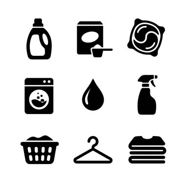 Çamaşır deterjanı, çamaşır makinesi, çamaşır sepeti, askılık ve katlanmış giysiler de dahil olmak üzere dokuz çamaşırhane ikonundan oluşan bir koleksiyon. Web ve yazdırmak için basit siyah ve beyaz tasarım.