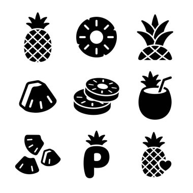 Tam meyve, dilimler, parçalar, tropikal bir içecek ve P harfi de dahil olmak üzere ananasları temsil eden dokuz basit simge sembolü..