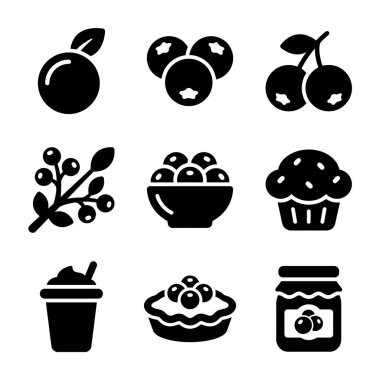 Taze meyve, bir dal, bir kase, kek, smoothie, pasta ve reçel içeren yaban mersini içeren siyah ve beyaz simgelerden oluşan bir koleksiyon. Basit vektör grafik simgeleri.