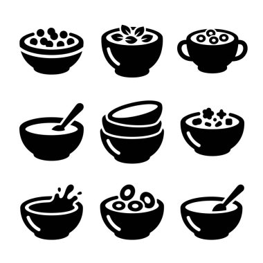 Mısır gevreği, yulaf lapası ya da çorba gibi çeşitli yemek kaselerini tasvir eden dokuz basit siyah vektör ikonu. Beyaz arkaplanda izole edilmiş, kaşıklı, sıçramalı ve malzemeli ikonlar içerir.