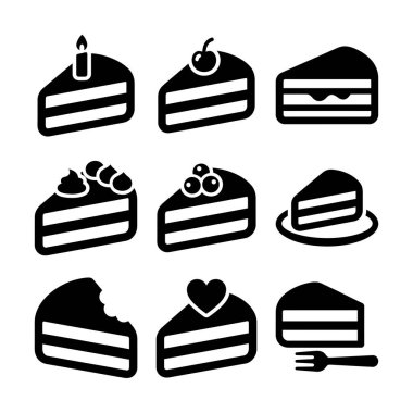 Pastane ve parti temaları için doğum günü, kiraz ve çikolata gibi çeşitli pasta dilimlerini gösteren dokuz minimalist siyah beyaz simge koleksiyonu..