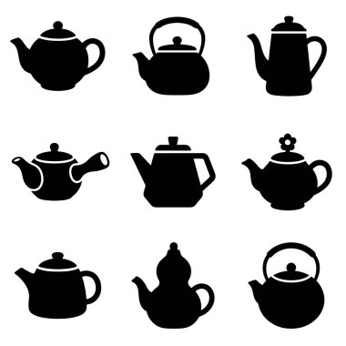 Farklı çaydanlık ve çaydanlık stilleri içeren dokuz vektör ikonundan oluşan bir set. Bu koleksiyon klasik, modern ve eşsiz tasarımları içerir, logolar veya grafik elementler için mükemmeldir..