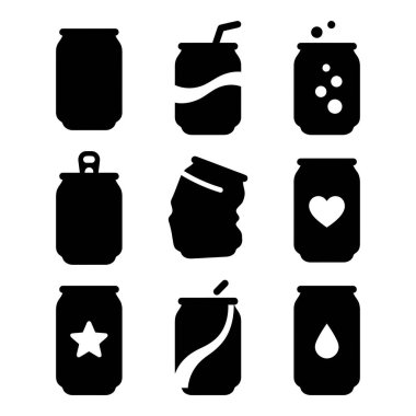 Dokuz izole edilmiş siyah vektör ikonu, açık, ezilmiş, köpüklü ve kalp ve yıldız gibi sembolleri olan alüminyum içecek kutularını çeşitli biçimlerde gösteriyor..