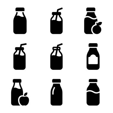 Çeşitli içki şişelerini gösteren dokuz basit vektör simgesi. Süt şişeleri, pipetli meyve suyu kapları ve elma sembolü ile eşleştirilmiş şişeler.