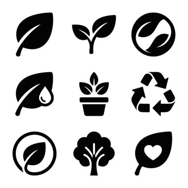 Yapraklar, bitkiler, ağaçlar, geri dönüşüm ve çevre dostu kavramlar da dahil olmak üzere dokuz katı siyah ikondan oluşan bir koleksiyon. Beyaz bir arkaplanda izole edilmiş.