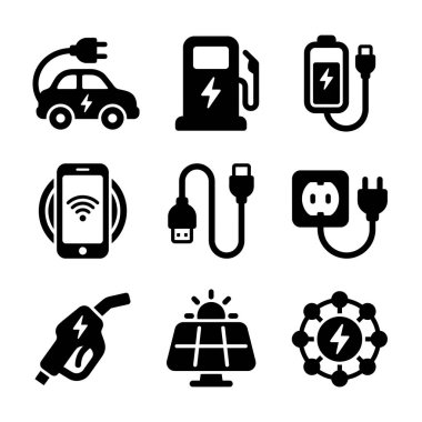 Bir elektrikli araba, şarj istasyonu, pil, kablosuz telefon şarjı, USB kablosu, güç çıkışı, güneş paneli ve akıllı ızgara sembolü içeren dokuz vektör simgesi..