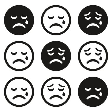 Basit, dairesel ağlayan yüz ifadeleri koleksiyonu. Simgeler siyah beyaz, hüzün, keder ve umutsuzluğu gözyaşlarıyla gösteriyorlar. Tasarım için vektör grafik ögeleri.