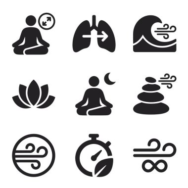 Yoga, derin nefes alma, rahatlama ve sağlık uygulamaları veya web siteleri için sakinlik gibi farkındalık kavramlarını temsil eden siyah ve beyaz simgelerden oluşan bir derleme..