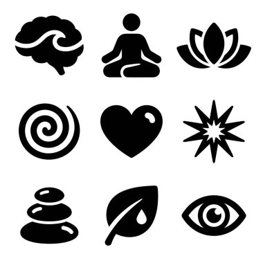 Yoga, akıl sağlığı, aşk, doğa ve rahatlık için ruhsal denge gibi kavramları temsil eden dokuz basit siyah sembol..