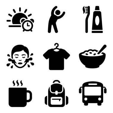 Uyanmak, hijyen, kahvaltı, giyinmek, işe gitmek ya da okula gitmek gibi tipik bir sabah rutinini temsil eden dokuz siyah simge koleksiyonu..