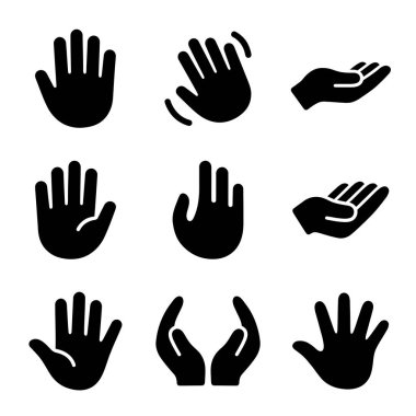Dokuz izole edilmiş siyah vektör ikonundan oluşan bir kolleksiyon. Dalgalanma da dahil olmak üzere farklı insan el hareketlerini tasvir ediyor. Ağ ve uygulama tasarımı için mükemmel.