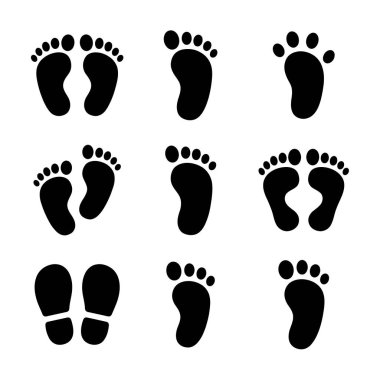 Dokuz siyah siluet bebek ayak izi ikonu koleksiyonu. Tek ayak, çift ayak ve yürüyüş adımları. Bebek partisi ya da doğum duyuru kartları için basit grafik tasarımı.