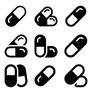 Hapları ve kapsülleri tasvir eden dokuz basit, koyu siyah vektör ikonundan oluşan bir derleme. Beyaz arka planda izole edilmiş, sağlık, eczane ve tıbbi ağ ya da baskı tasarımı için ideal.