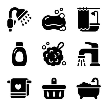 Banyo, sabun, küvet, şampuan, sünger, musluk, havlu ve sepet de dahil olmak üzere dokuz siyah ve beyaz ikondan oluşan bir koleksiyon..
