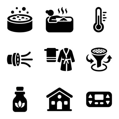 Jakuzi, su jeti, termometre, bornoz, aromaterapi yağı ve kontrol paneli gibi spa ve jakuzi elementlerini temsil eden siyah ve beyaz vektör simgelerinden oluşan bir koleksiyon..
