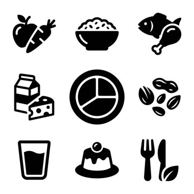 Gıda, sebze, protein, süt ürünleri, tahıl ve tatlıyı besin ve dengeli bir diyet gibi çeşitli besin gruplarını temsil eden dokuz siyah sembolden oluşan bir koleksiyon..