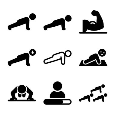 Fitness ve egzersizlerle ilgili siyah katı simgeler. Şınav, biseps ve ilerleme çubukları da dahil. Beyaz bir arkaplanda izole edilmiş.