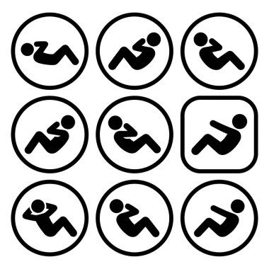 Bir insanın mekik ve mekik çekişini gösteren dokuz siyah ve beyaz ikondan oluşan bir derleme. Fitness, spor salonu ve çekirdek egzersizleri için basit vektör sembolleri.