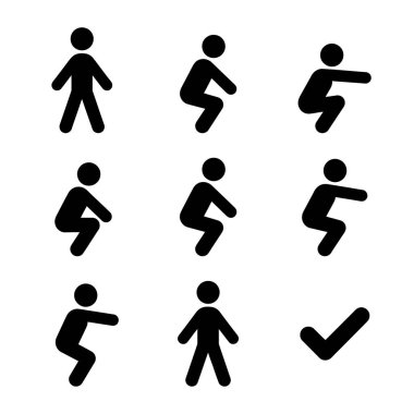 fitness ve eğitim için uygun bir çömelme egzersizi adım adım gösteren basit siyah piktogramlar koleksiyonu, tamamlama için bir kontrol işareti de dahil.