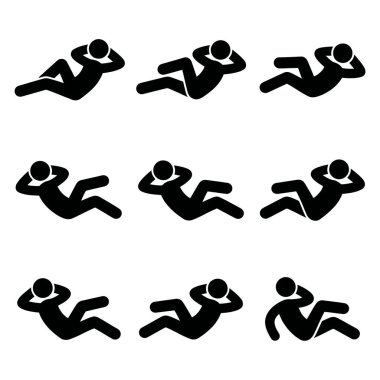 Beyaz bir arka planda izole edilmiş, spor yapmak için karın egzersizi veya mekik çeken bir insanın dizilimini gösteren dokuz basit siyah piktogramdan oluşan bir derleme..