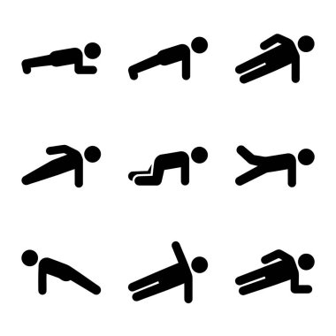 Çekirdek dayanıklılık ve zindelik egzersizleri için farklı tip tahta egzersizlerini gösteren basit siyah piktogramlar koleksiyonu. Beyaz bir arkaplanda izole edilmiş.