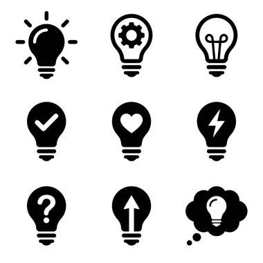Değişik kavramları sembolize etmek için kalp işaretleri ve oklar gibi çeşitli sembollere sahip ampulleri içeren dokuz basit siyah sembol koleksiyonu.