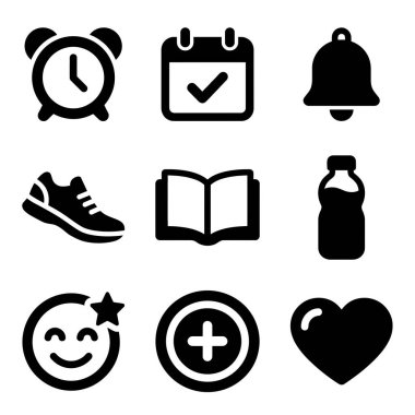 Zaman yönetimi, egzersiz, okuma ve sağlık takibi gibi günlük aktiviteleri temsil eden dokuz simge. Saat, takvim, çan, ayakkabı, kitap, şişe, emoji, artı ve kalp sembollerini içerir.