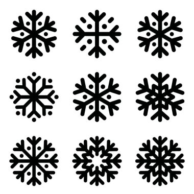 Dokuz eşsiz, simetrik kar tanesi ikonu koleksiyonu. Basit siyah çizgi sanat tarzı, kış temaları için mükemmel, Noel süslemeleri, ve hava ile ilgili grafik tasarım elementleri.