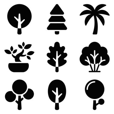 Çam, palmiye, bonsai ve meşe de dahil olmak üzere çeşitli düz ağaç simgeleri. Basit siyah semboller web tasarımı, logolar ve doğa temalı projeler için mükemmeldir..