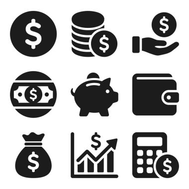 İçinde domuz kumbarası, cüzdan, bozuk para, para, hesap makinesi ve büyüme grafiği gibi basit finansal simgelerin olduğu bir koleksiyon. Web ve mobil tasarım için izole vektör çizimleri.