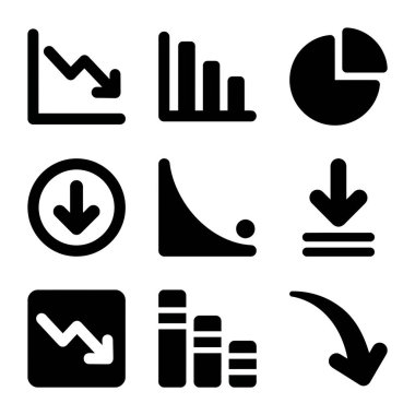 Beyaz zemin üzerinde dokuz basit siyah simge koleksiyonu, grafikler ve oklar kullanılarak azalan kayıp ve aşağı yönlü eğilimler kavramlarını betimliyor