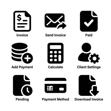Faturalama, ödeme yöntemleri, hesaplama ve internet ve mobil uygulamalar için müşteri ayarları gibi finansal işlemleri temsil eden dokuz sağlam siyah simge koleksiyonu.
