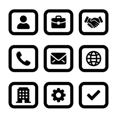 Kullanıcı, evrak çantası, el sıkışma, telefon, e-posta, web sitesi, şirket, ayarlar ve işaretleme dahil olmak üzere dokuz temel iş simgesinden oluşan bir koleksiyon. Beyaz arkaplanda izole edilmiş basit düz vektör tasarımı.